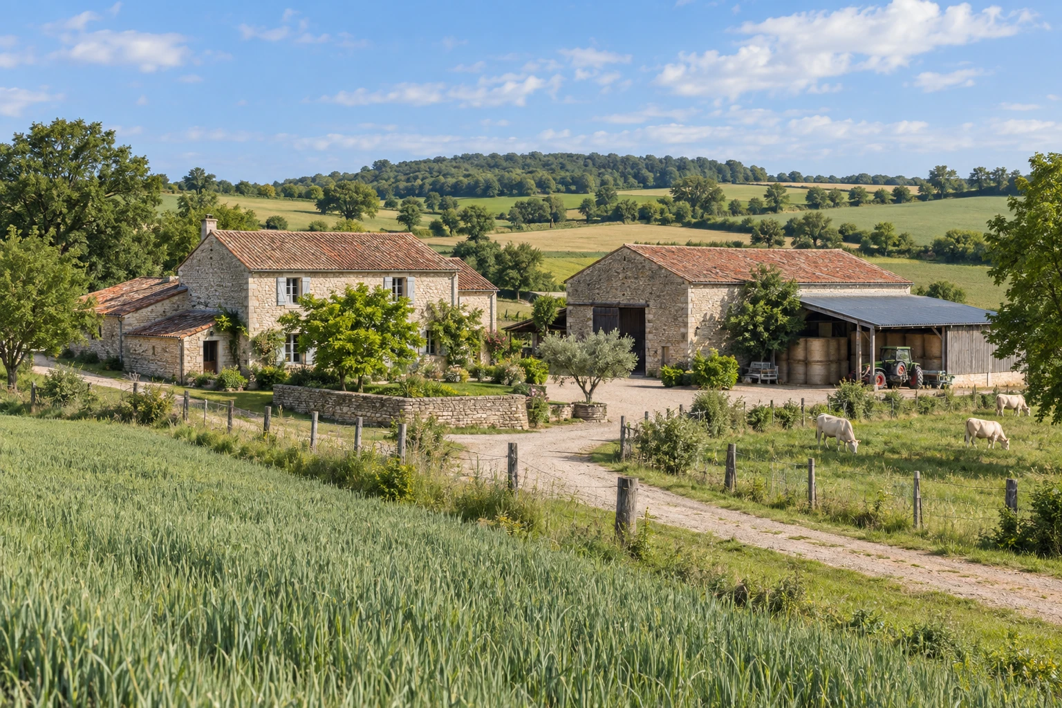 Ferme française en pierre calcaire avec grange, bâtiment agricole, champ cultivé et pâture